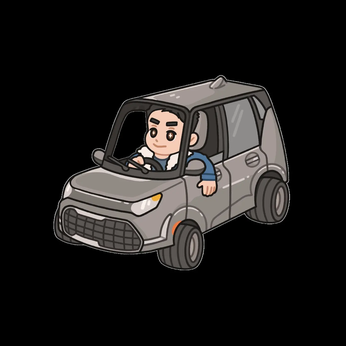 Cartoon of Will driving a small grey car, waving out the window