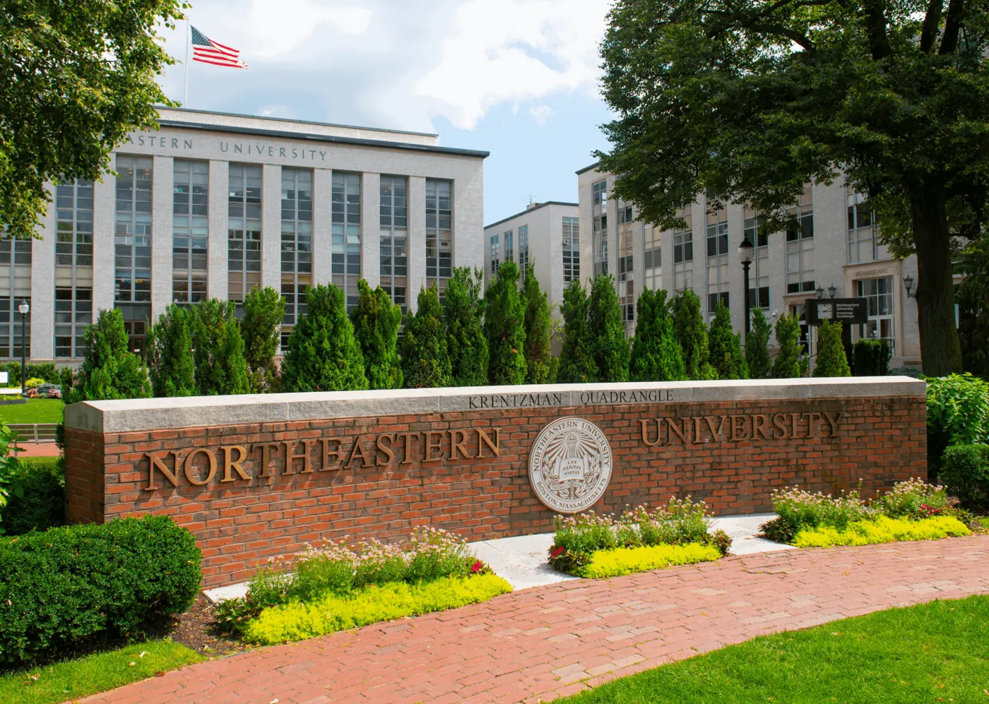 Northeastern University sign and campus buildings